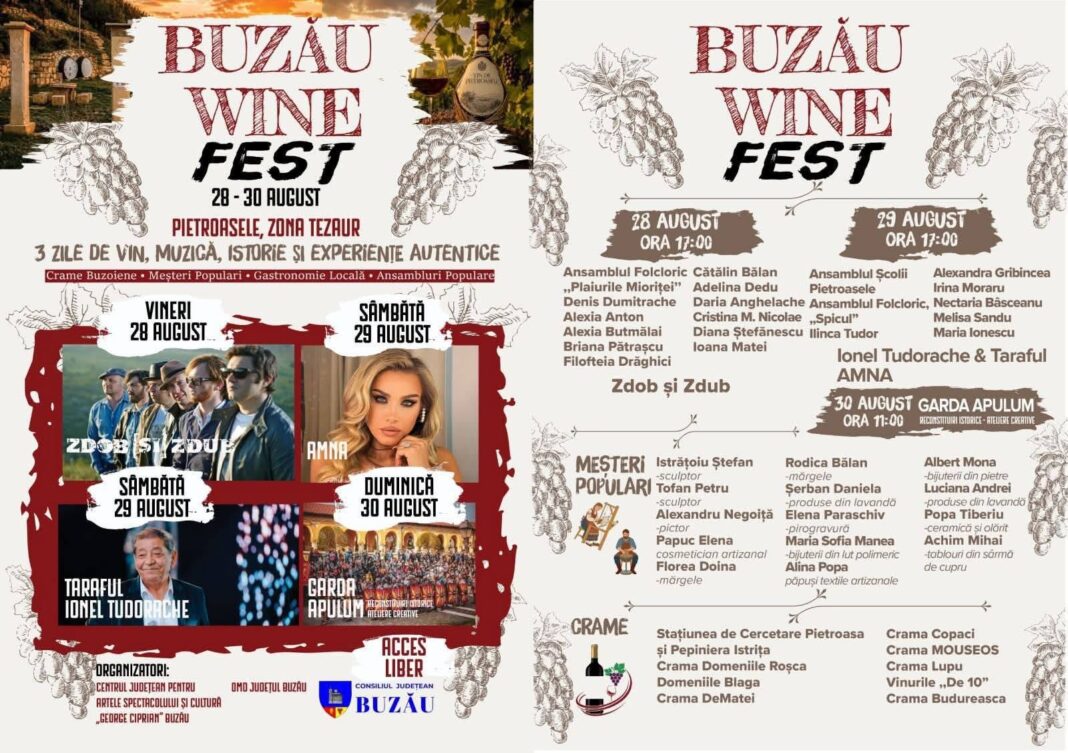 Buzău Wine Fest 2026 aduce vinuri buzoiene, muzică live, tradiții și reconstituiri istorice la Pietroasele Buzău Wine Fest 2026 aduce vinuri buzoiene, muzică live, tradiții și reconstituiri istorice la Pietroasele