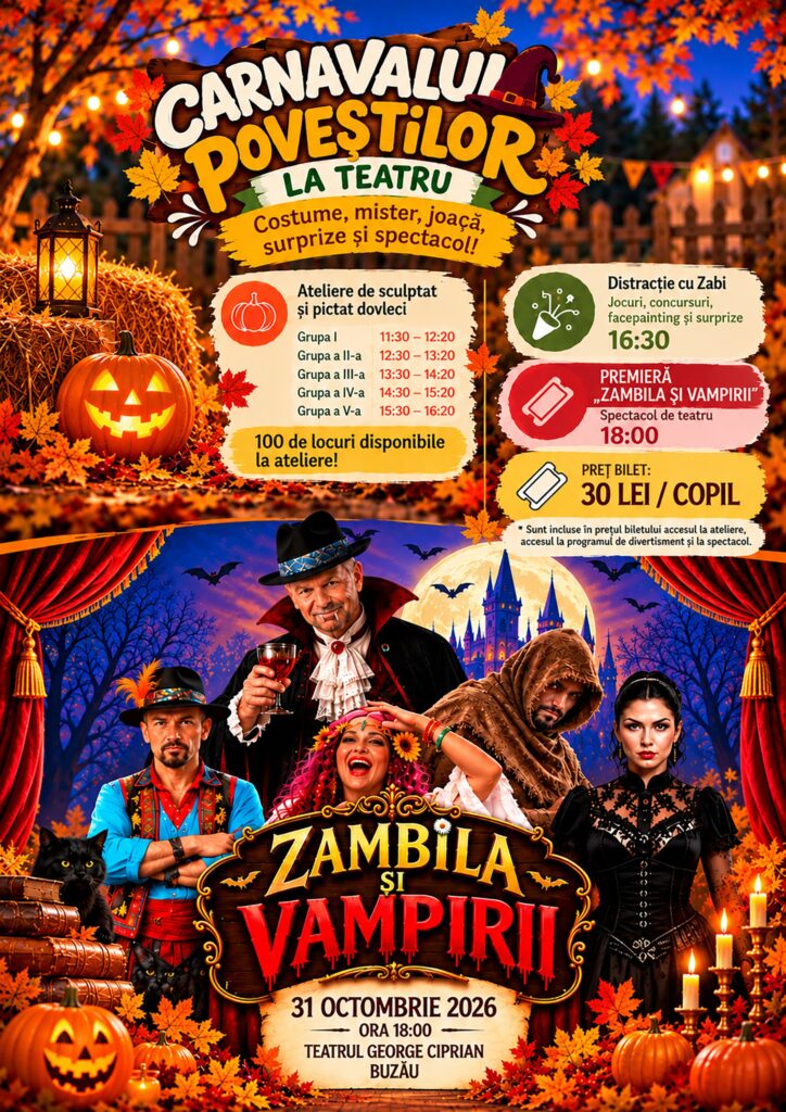 Carnavalul Poveștilor la Teatrul „George Ciprian” din Buzău: ateliere, costume, surprize și premiera „Zambila și Vampirii”
