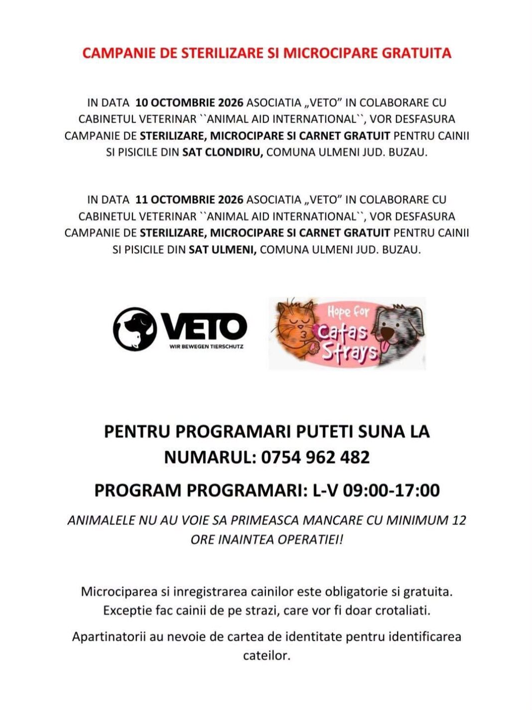 Campanie gratuită de sterilizare și microcipare în comuna Ulmeni Campanie gratuită de sterilizare și microcipare în comuna Ulmeni
